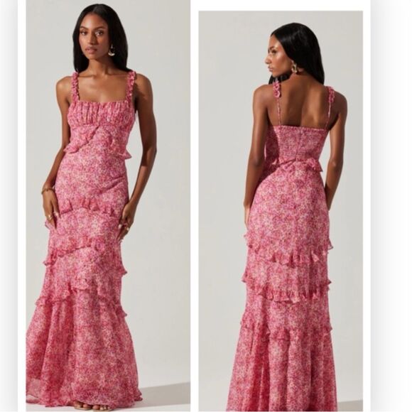 NWT ASTR The Label Olina Pink Ditsy Floral Ruffle Maxi Dress - Picture 1 of 8